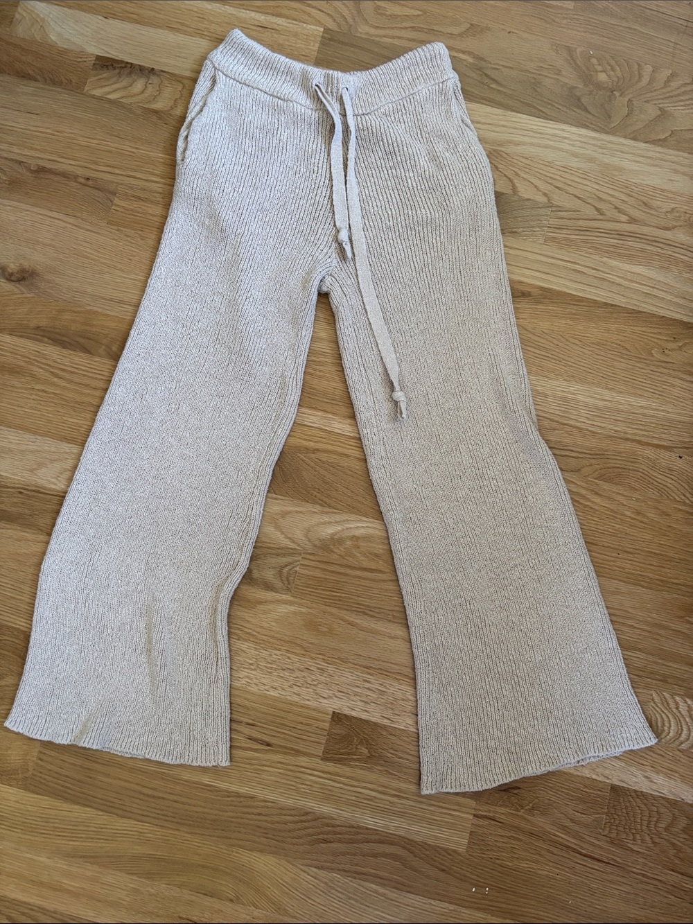 Wide-Leg Knit Drawstring Pants in Cream